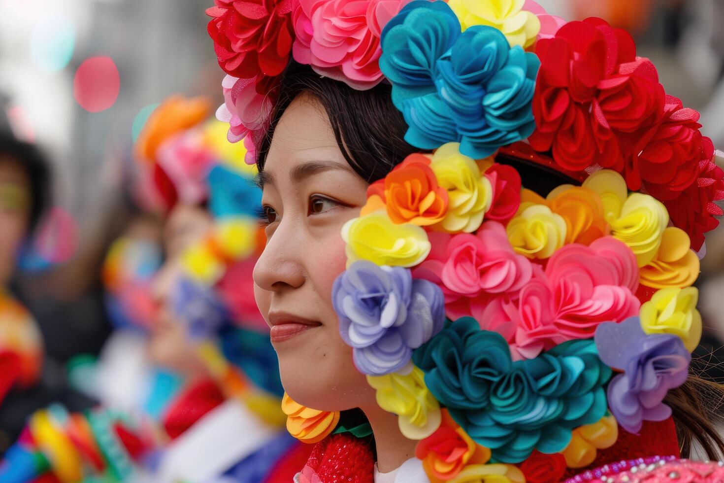 Colorful flower crown on womans head photo