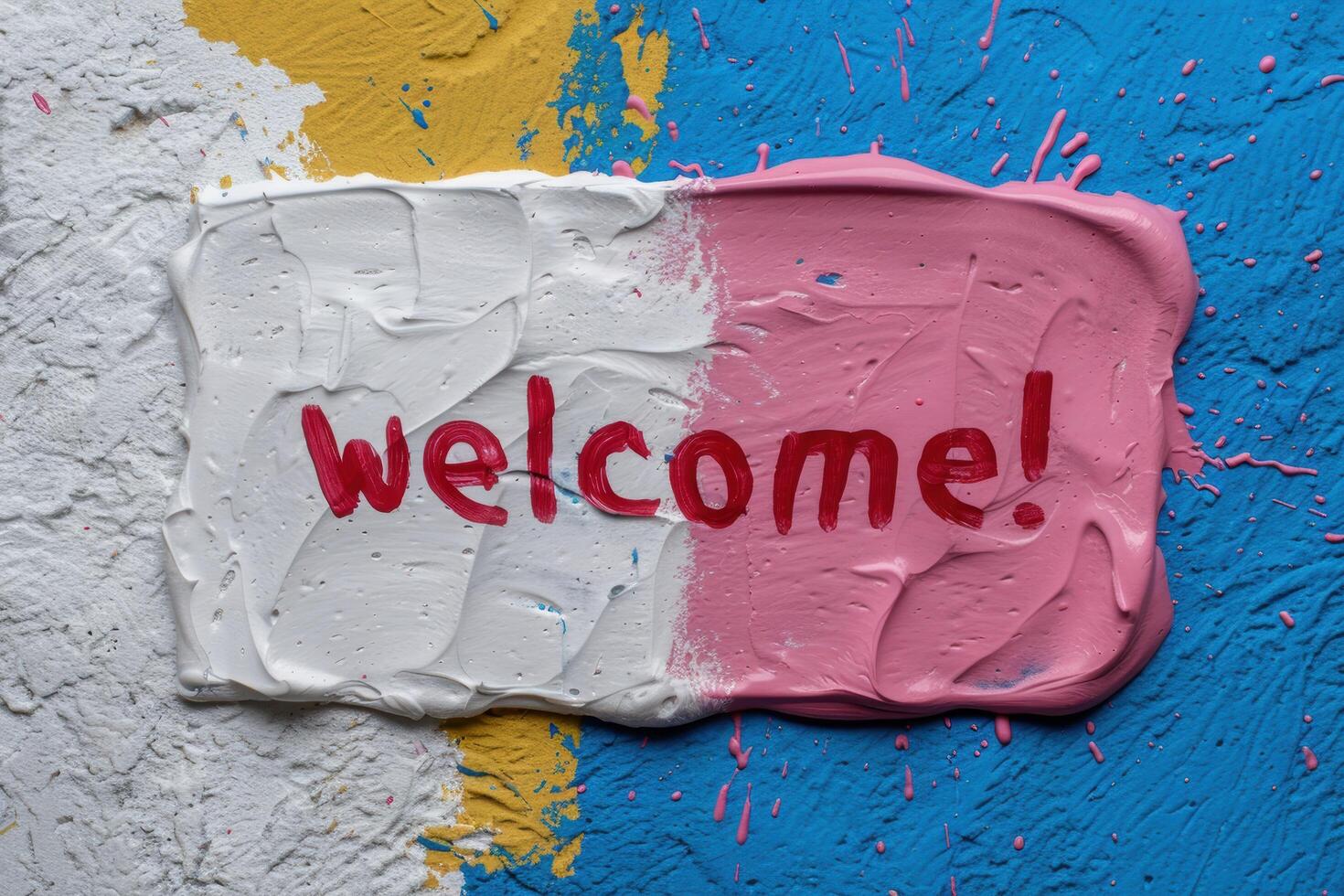 Colorful welcome sign with paint splatter background photo