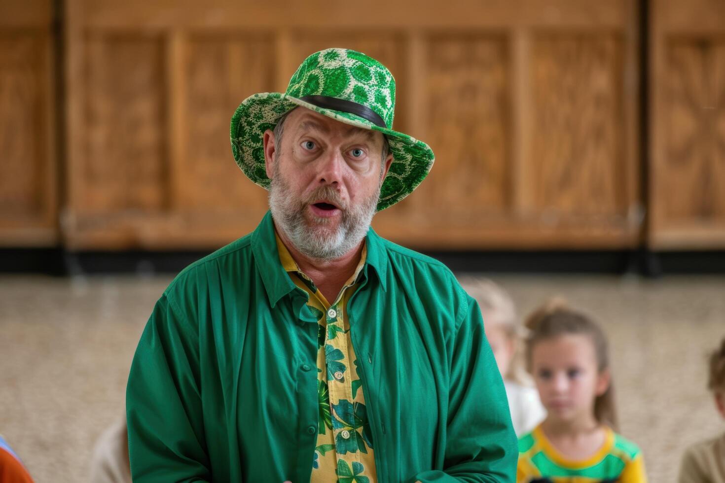 Excited man in green shamrock hat and shirt photo