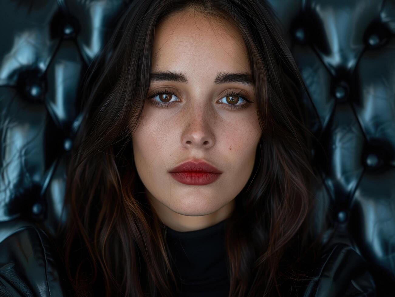Intense gaze of a young woman in a dark environment photo