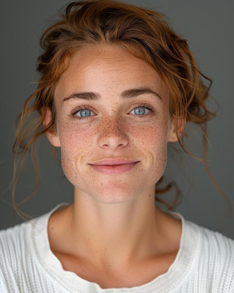 Portrait of a young woman with freckles and curly hair photo
