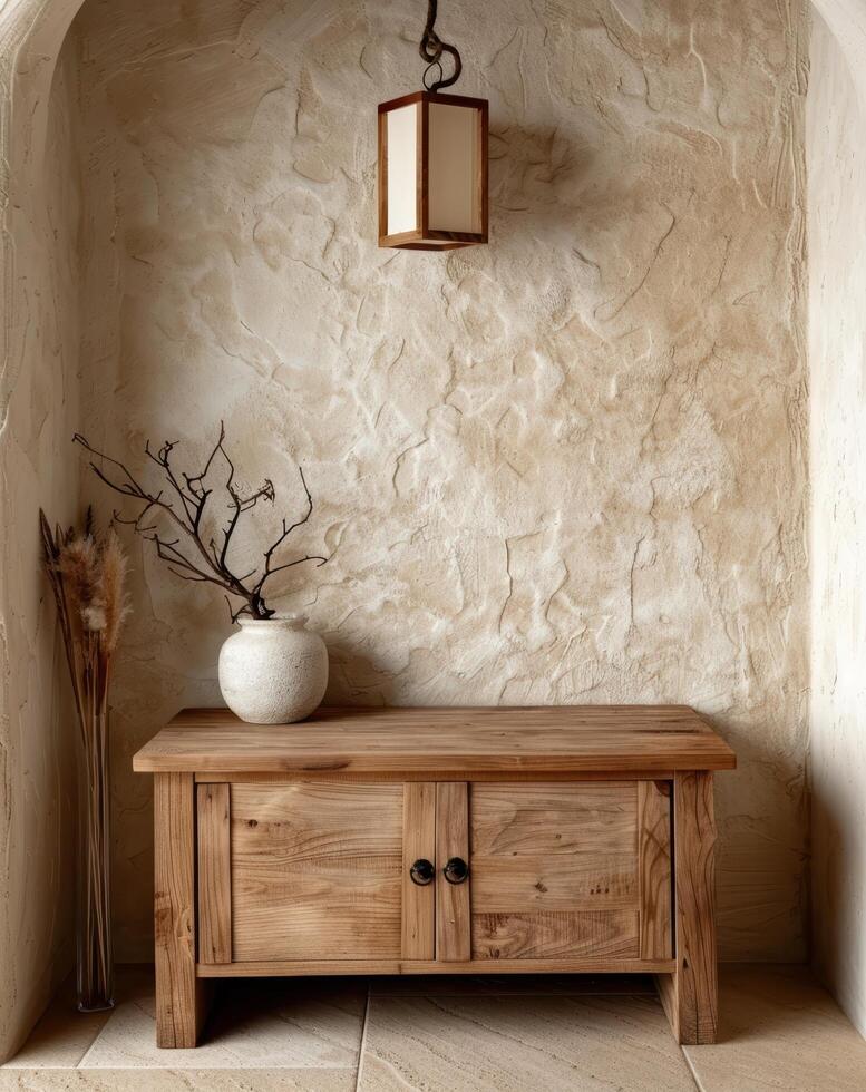 rustic wooden cabinet with decorative vase and lighting photo