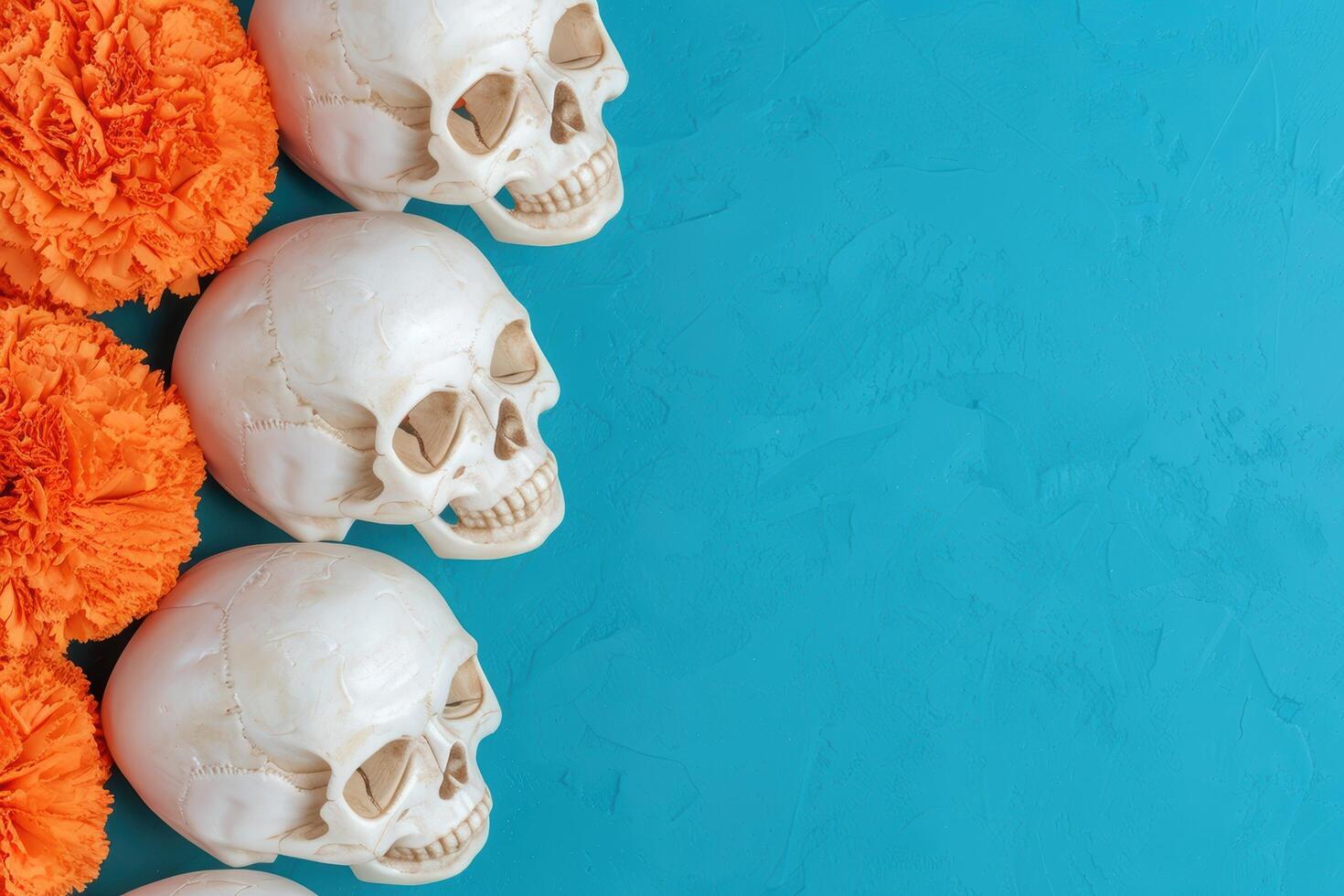 Skulls and orange flowers on blue background photo