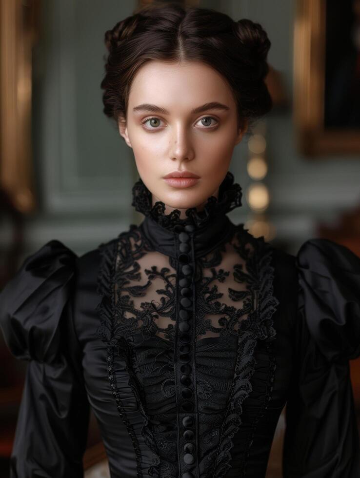 Victorian era woman in black lace dress photo