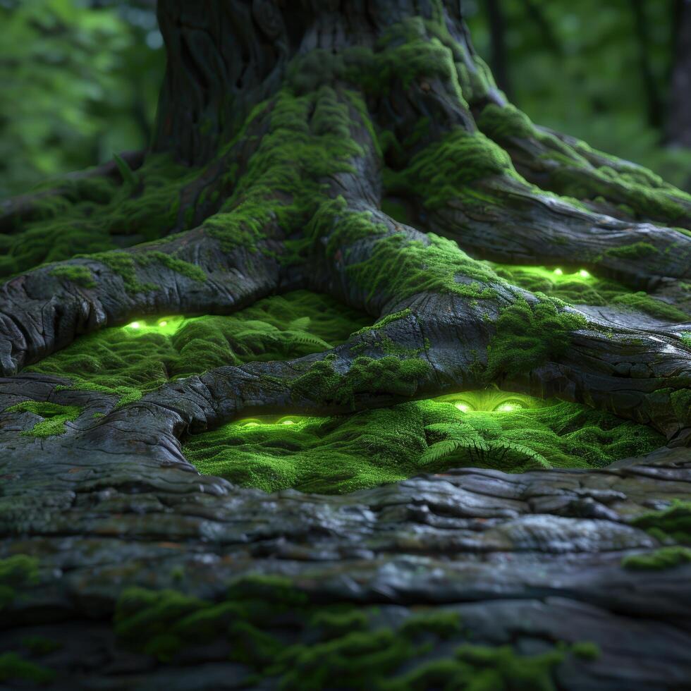 Enchanted forest scene with glowing moss photo