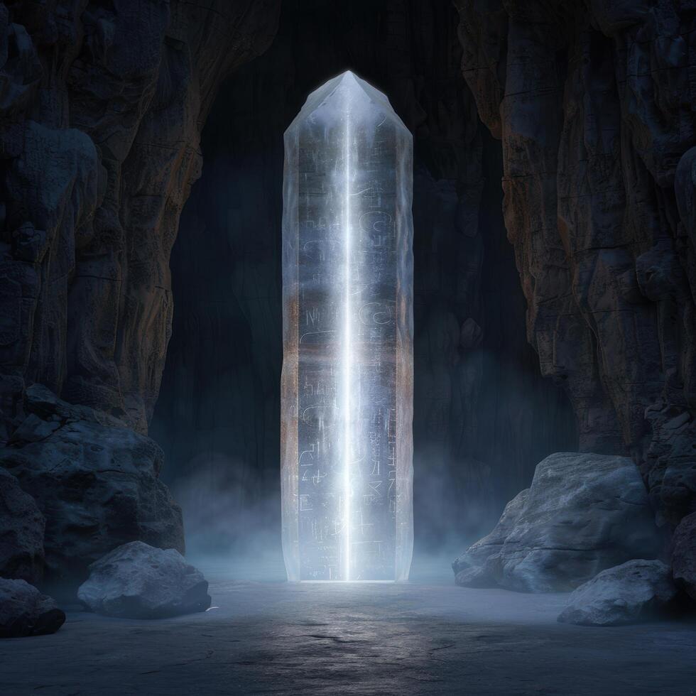 Mysterious glowing crystal obelisk in dark cave photo
