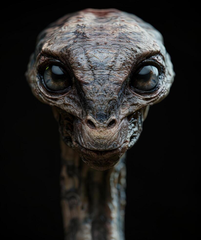 Close up of an alien creatures face with large, expressive eyes photo