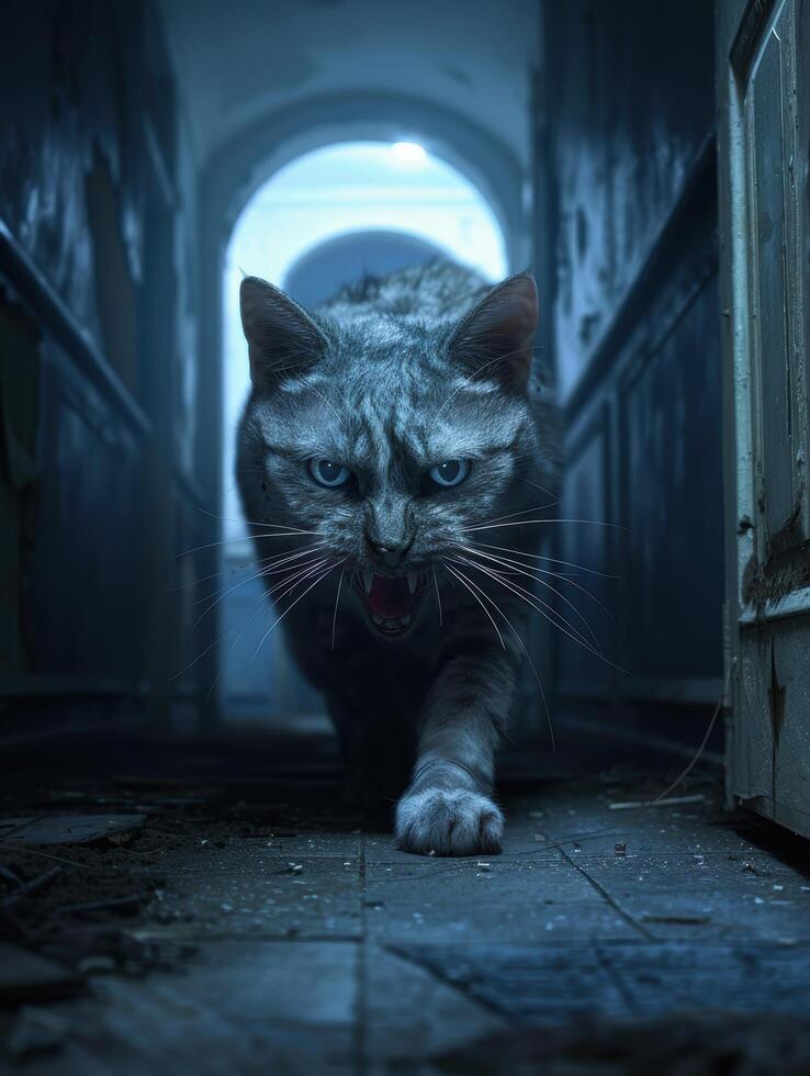 Menacing cat in dark hallway photo