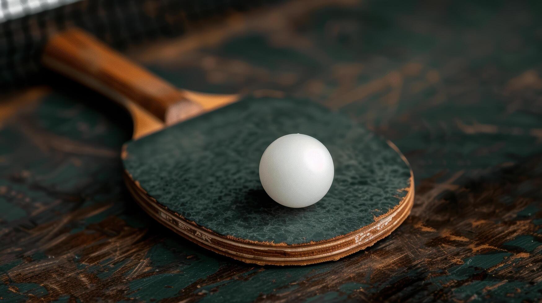 Ping pong ball on a wooden ping pong paddle photo
