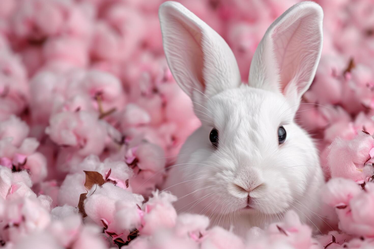 Adorable white rabbit surrounded by pink flowers photo