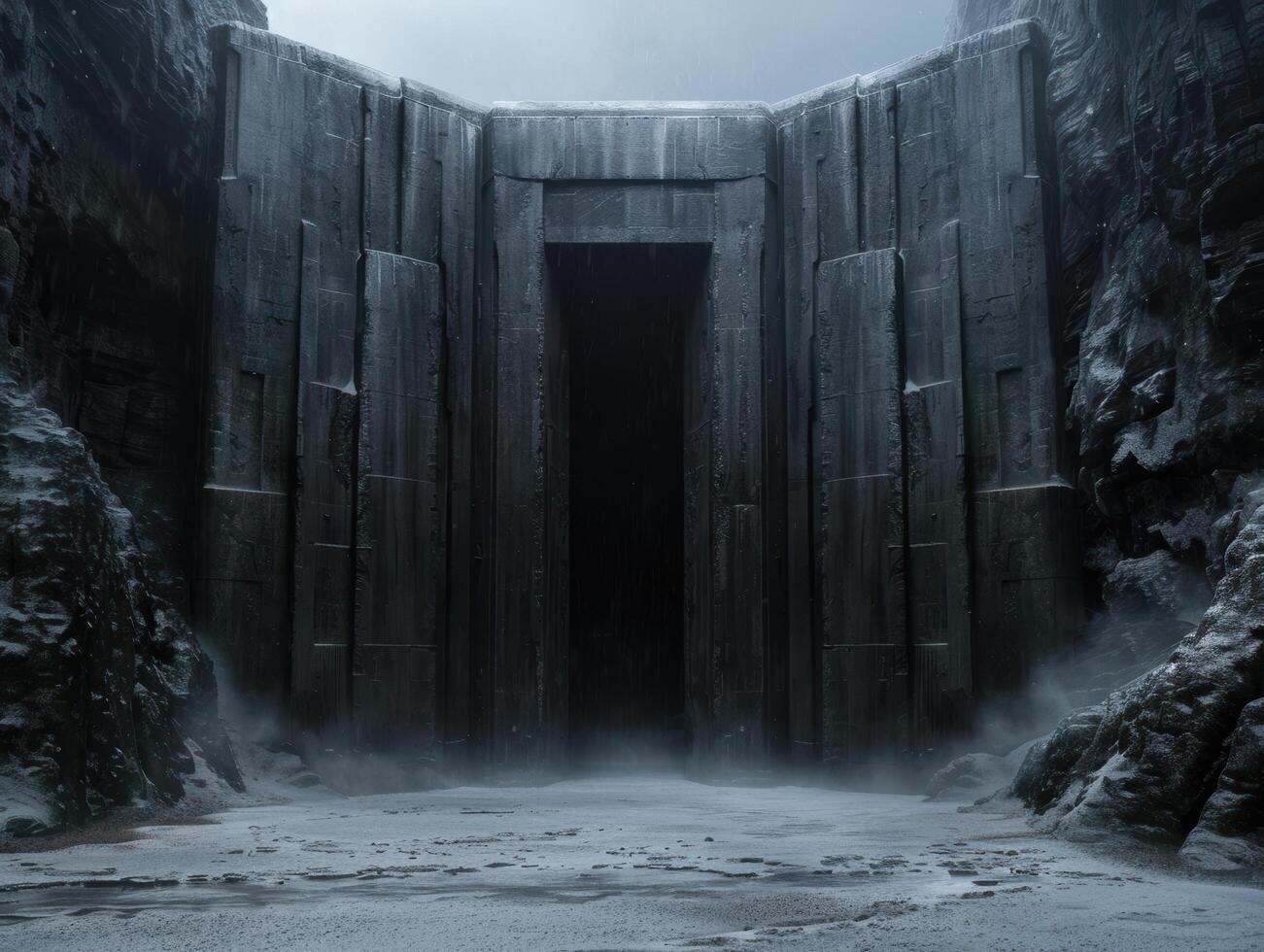Mysterious frozen waterfall and cavern entrance photo