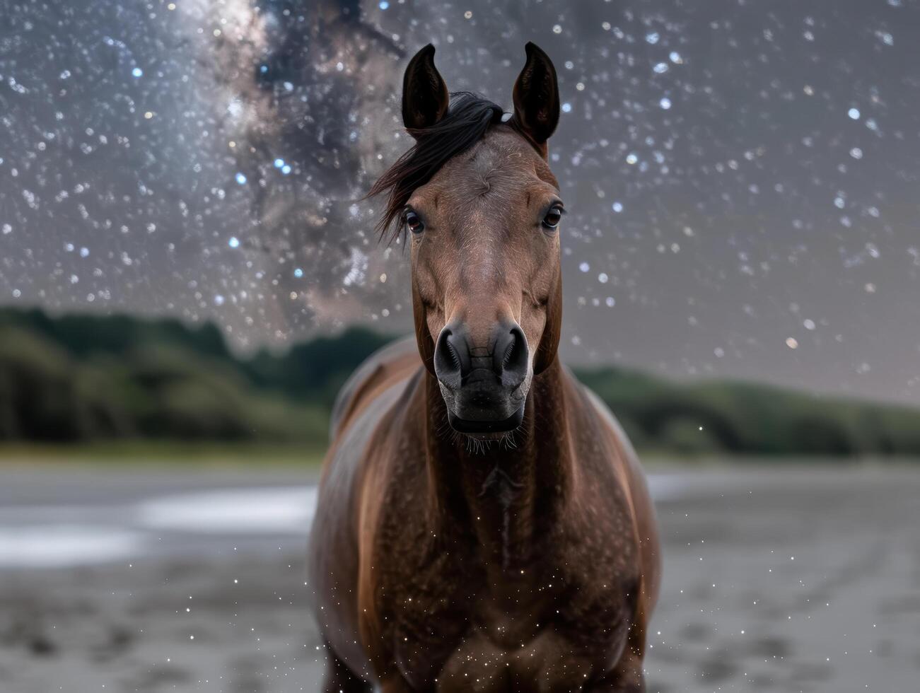 Majestic horse in snowy field at night photo