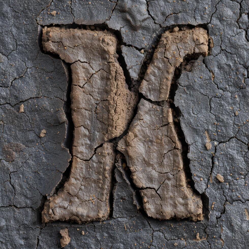 Cracked earth texture with letter k photo