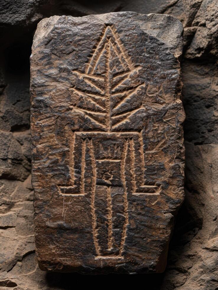 ancient carved stone with symbolic design photo