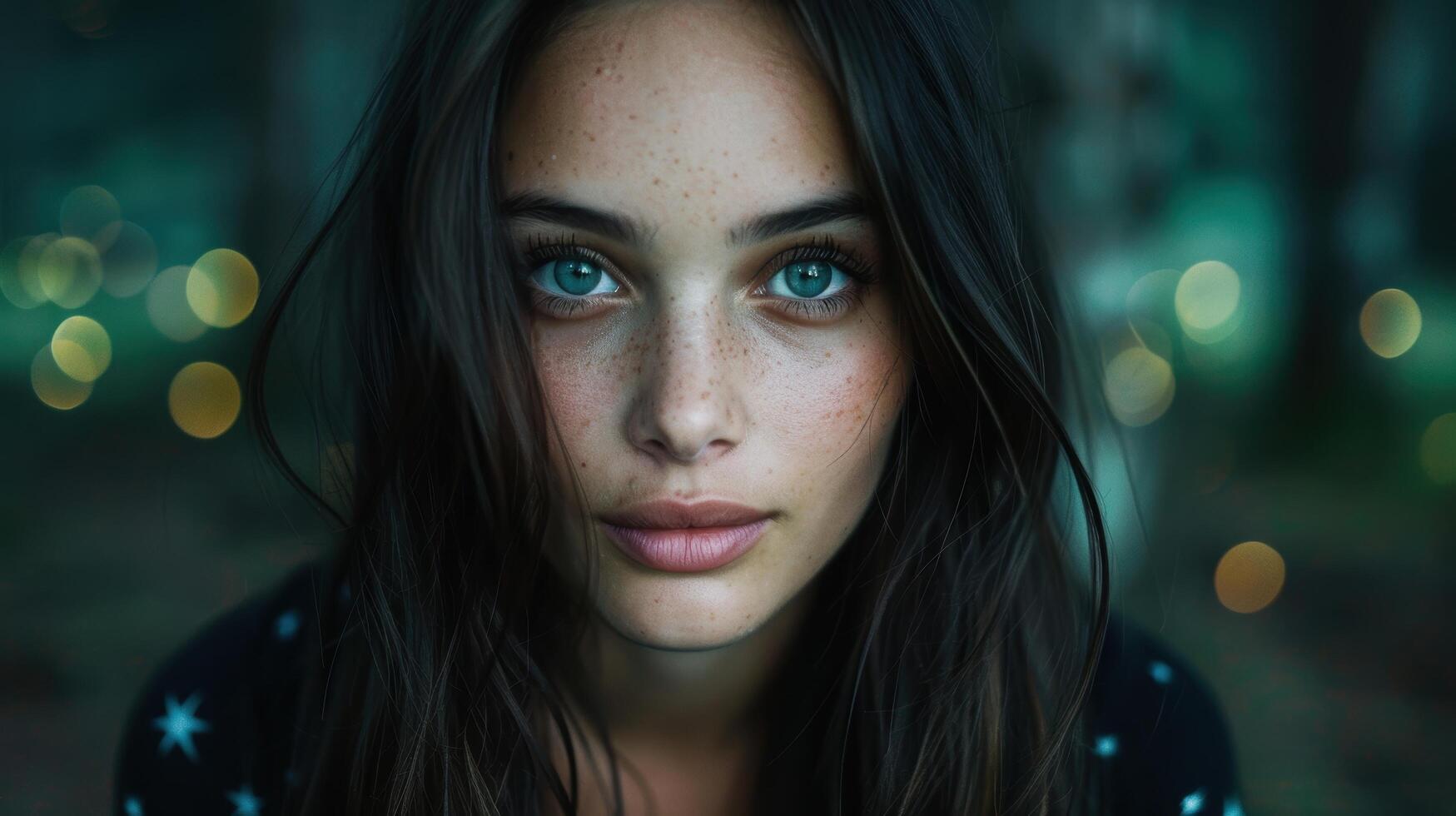 Captivating portrait of a young woman with striking blue eyes and dark hair photo