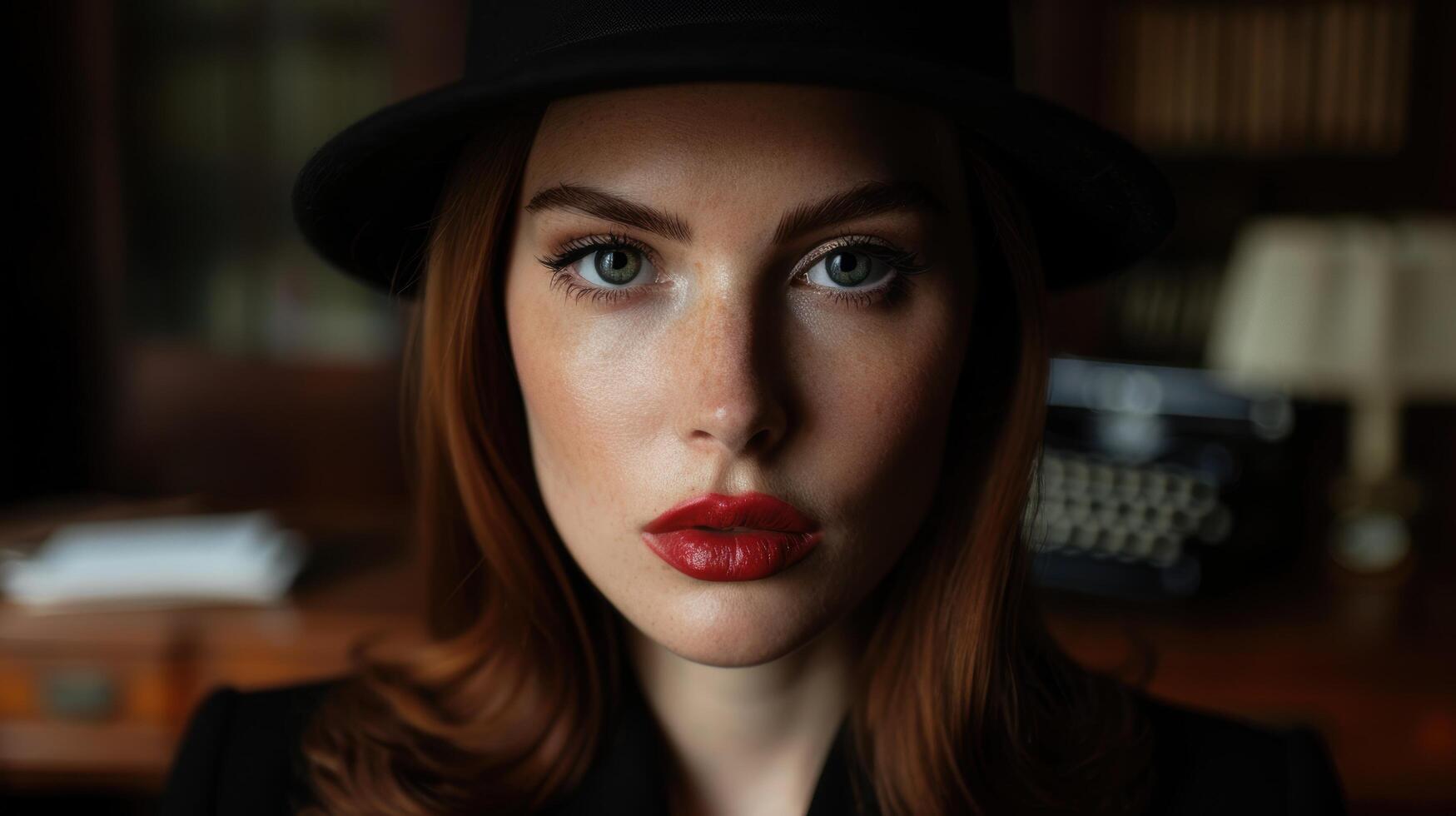 Mysterious woman with red lips and hat photo