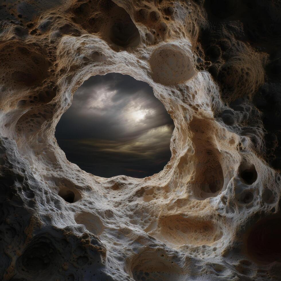 Mysterious cave opening with dramatic sky photo