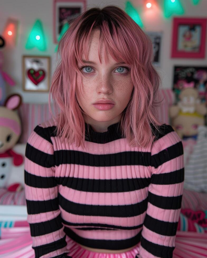 Stylish young woman with pink hair in a striped sweater photo