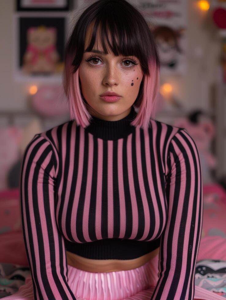 young woman with pink hair and bold makeup photo