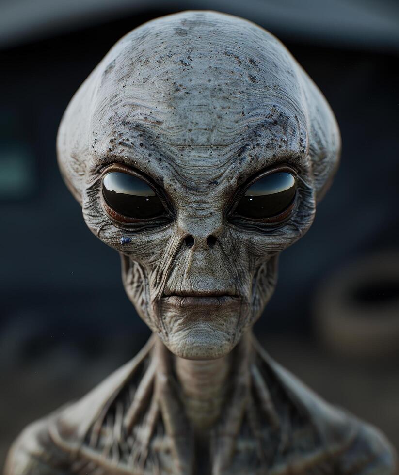 Alien face close up with large dark eyes and wrinkled skin photo