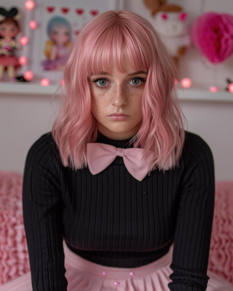young woman with pink hair and bow photo