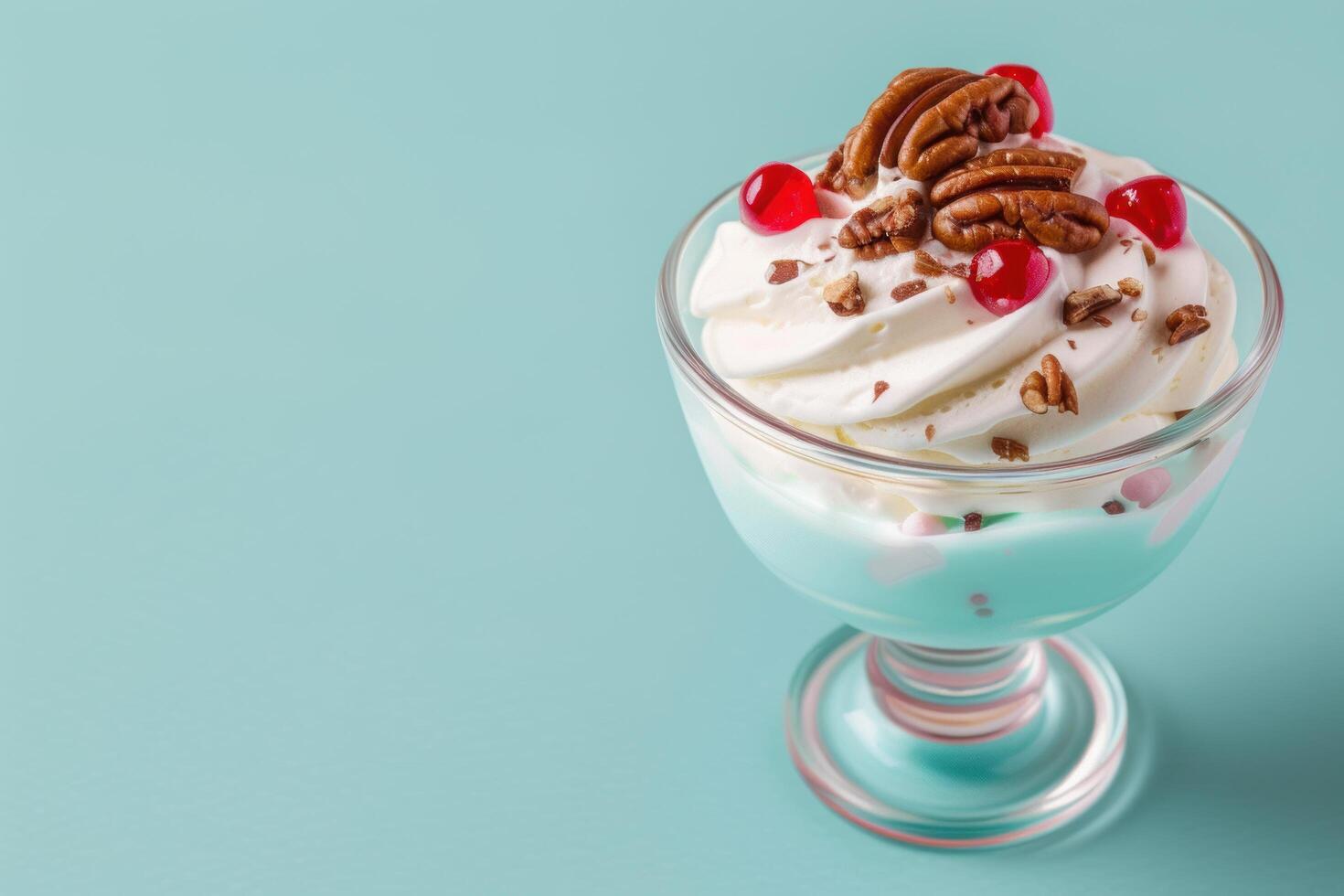 Delicious ice cream sundae with whipped cream, pecans, and maraschino cherries photo
