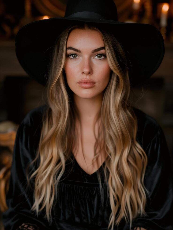 Mysterious woman in black hat photo