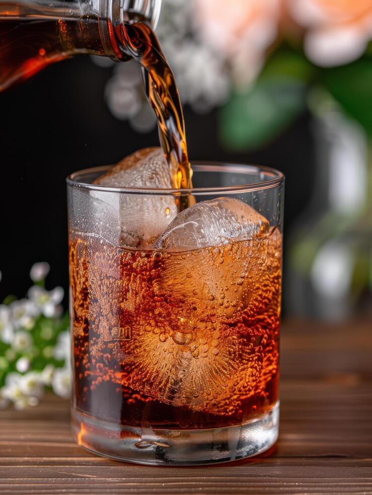 Pouring whiskey over ice in a glass photo