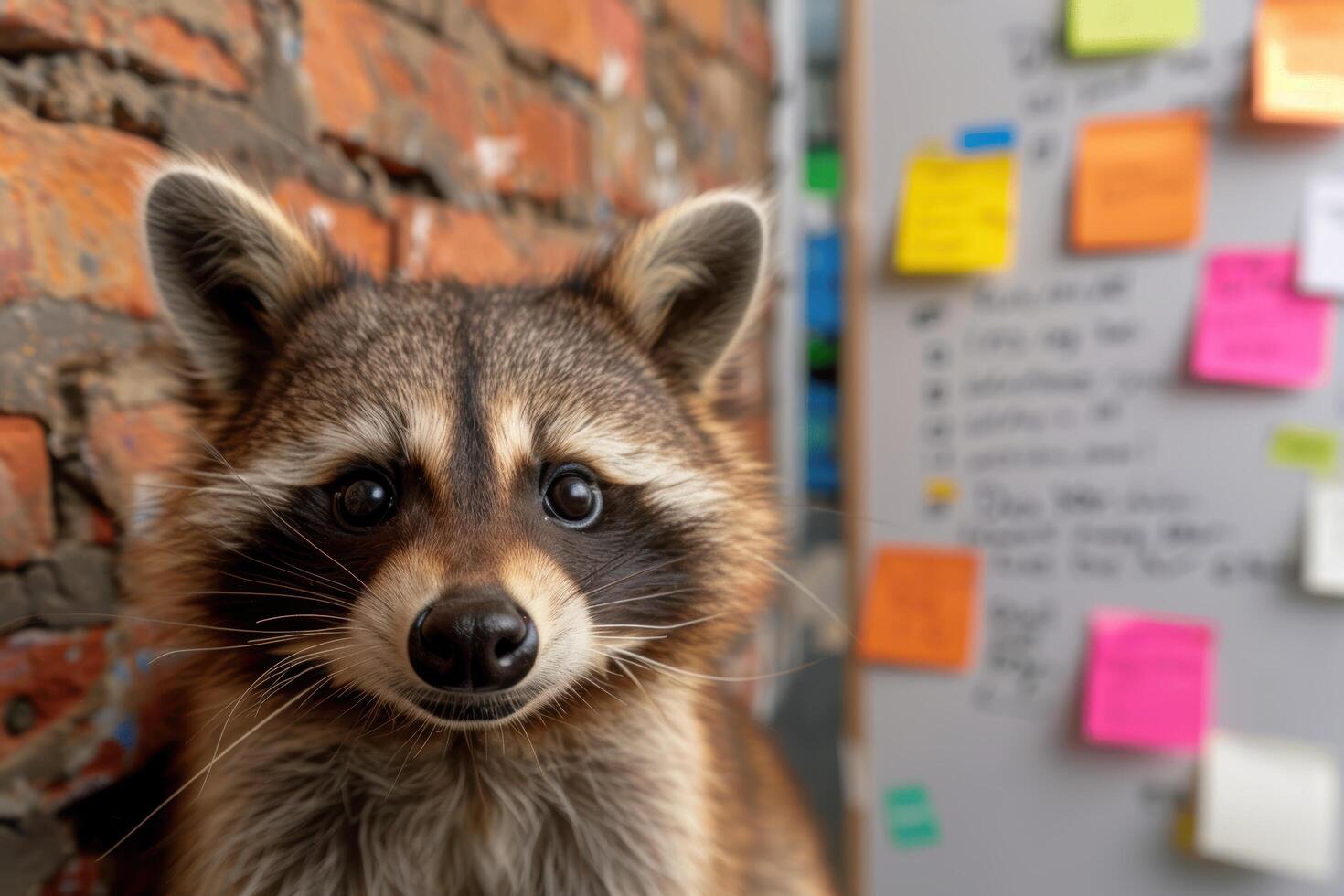 Curious raccoon peeking out from behind a brick wall photo