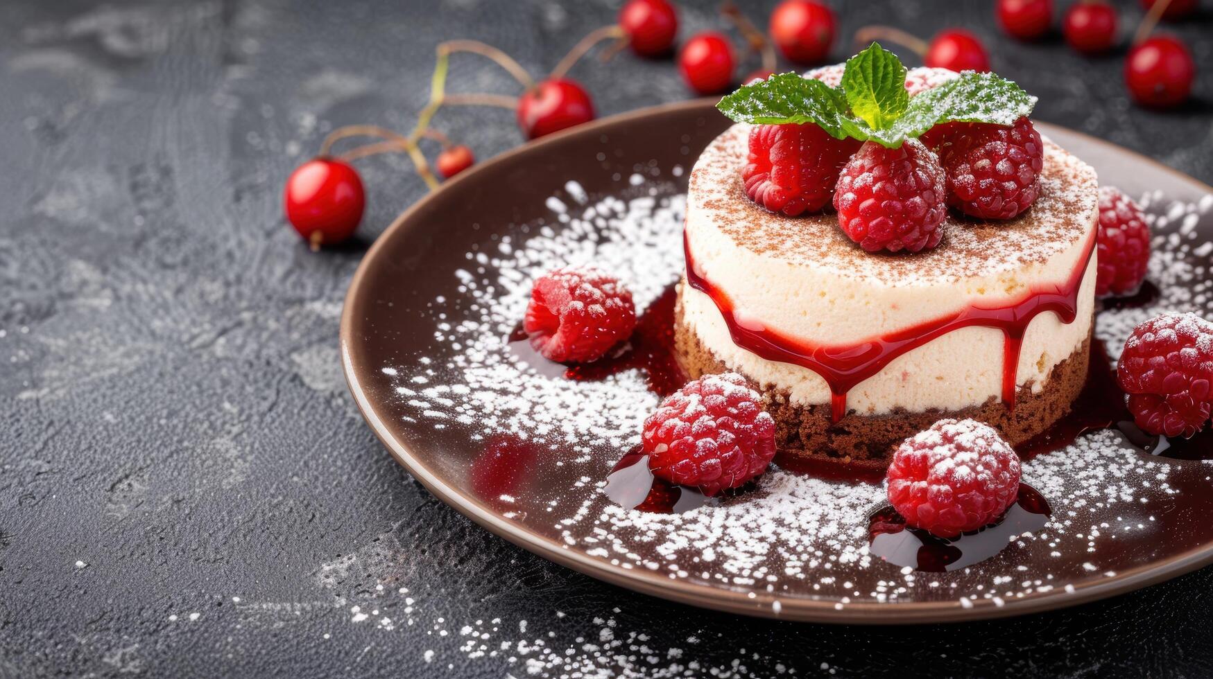 Delicious raspberry cheesecake dessert with fresh raspberries and powdered sugar photo
