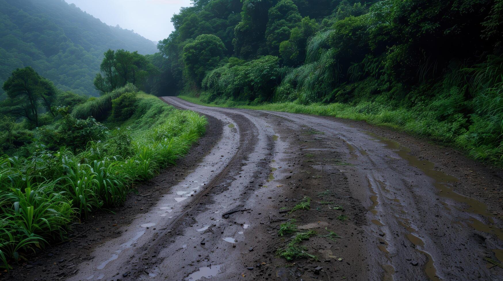 Winding dirt road through lush green forest photo