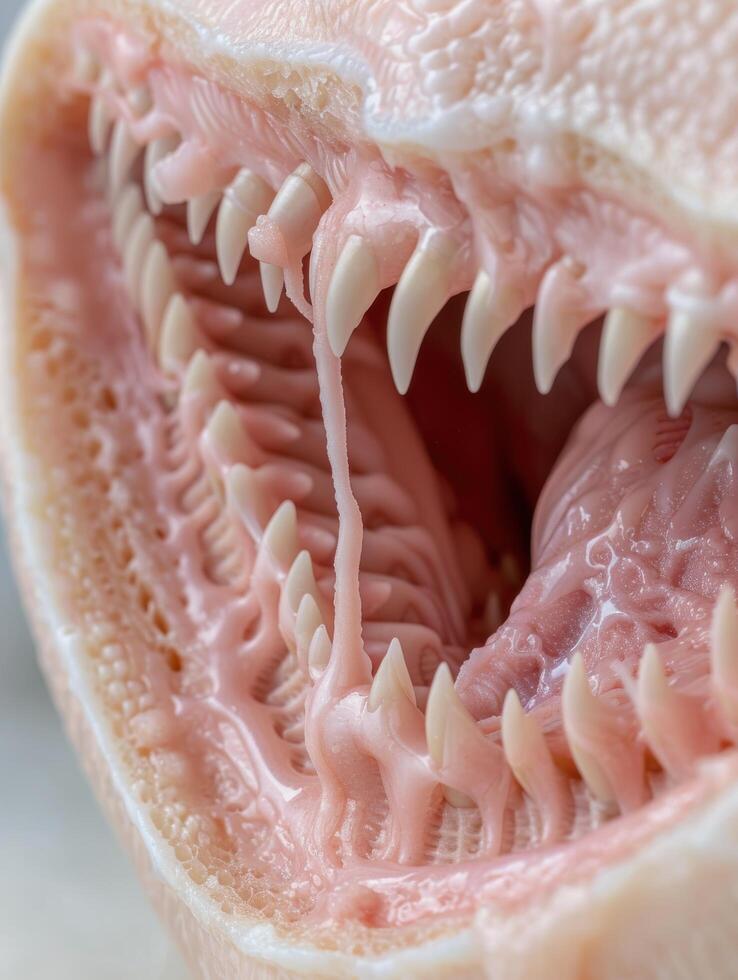 Extreme close up of a ferocious animals mouth with sharp teeth photo