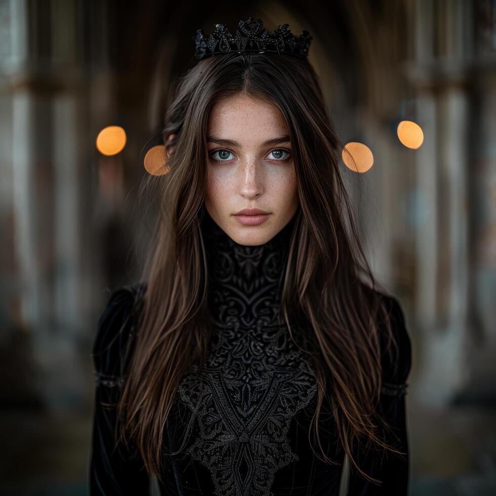 Mysterious woman in dark attire with crown photo