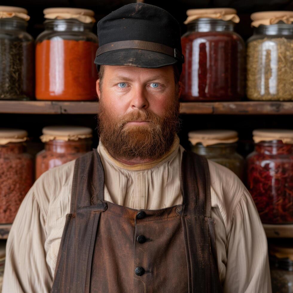 Bearded man in vintage workwear standing in front of shelves with jars photo
