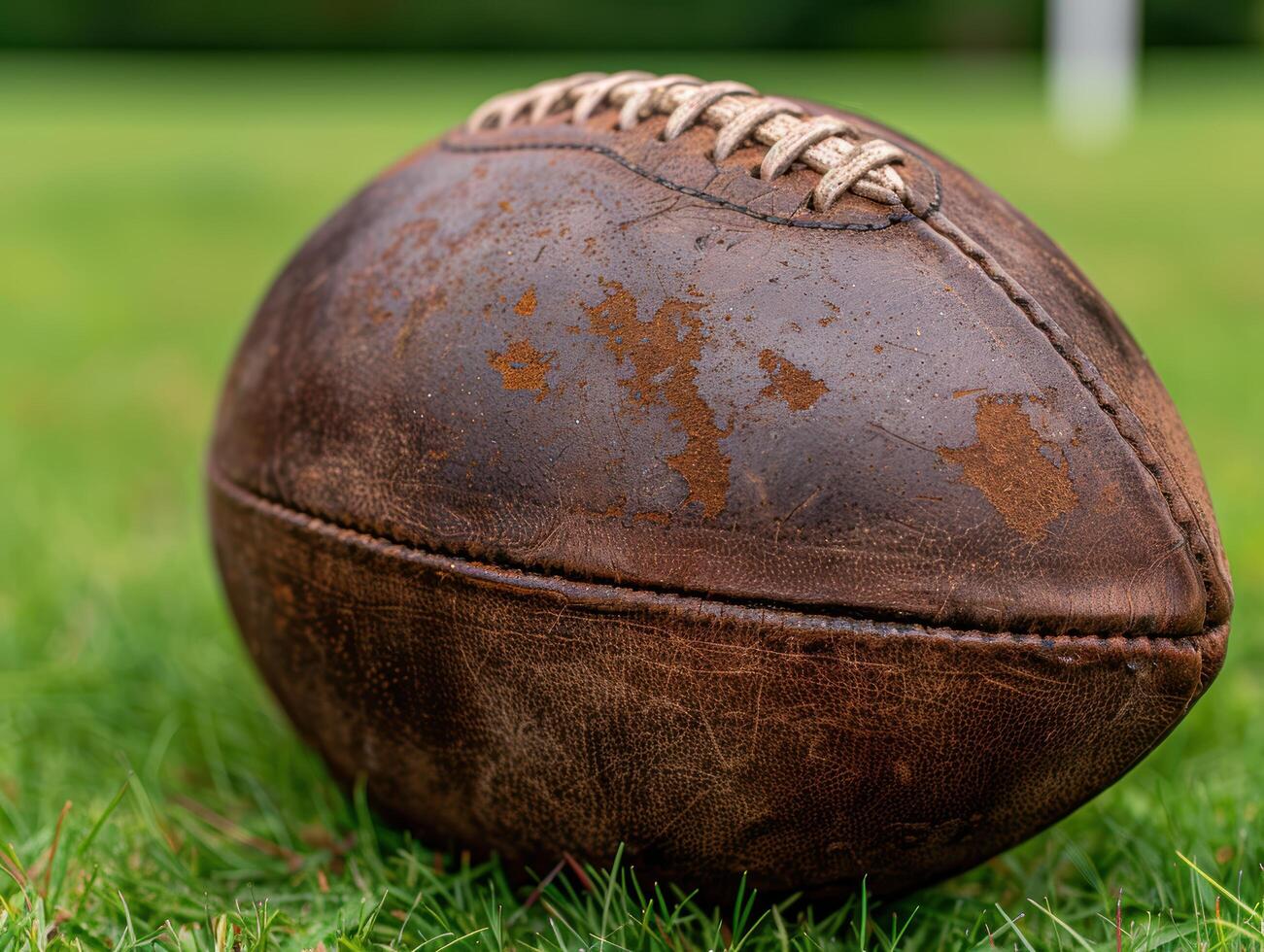 Vintage leather football on grass field photo