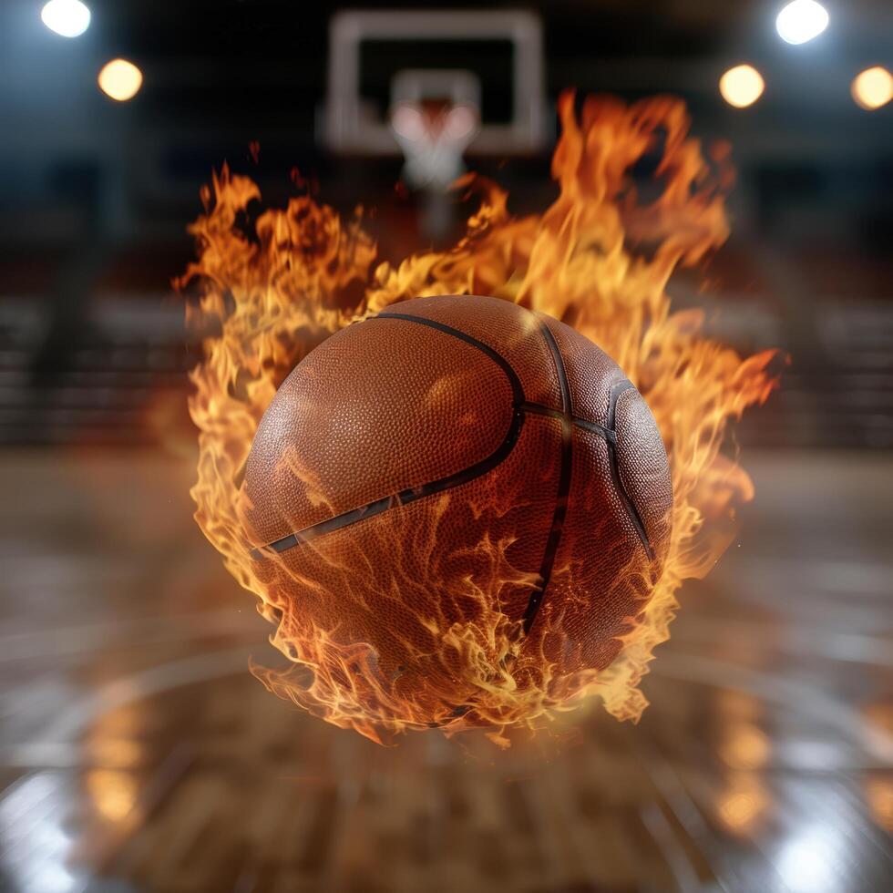 Flaming basketball on court photo