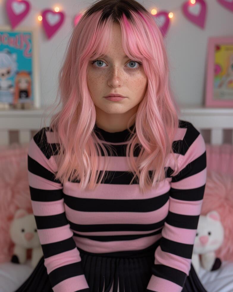 young woman with pink hair in a striped outfit photo