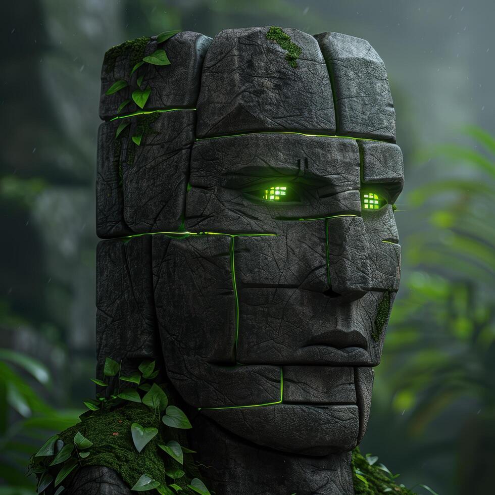 Mysterious stone face in the forest photo