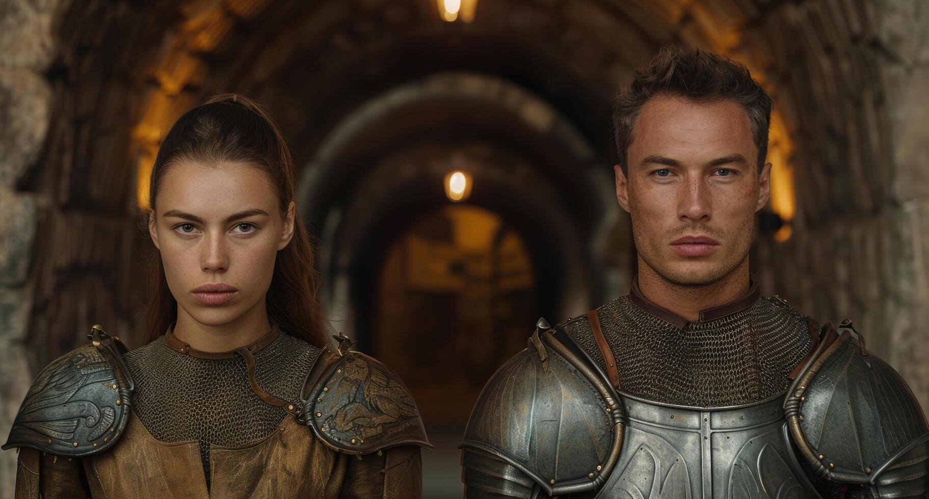 medieval warriors standing in dimly lit tunnel photo