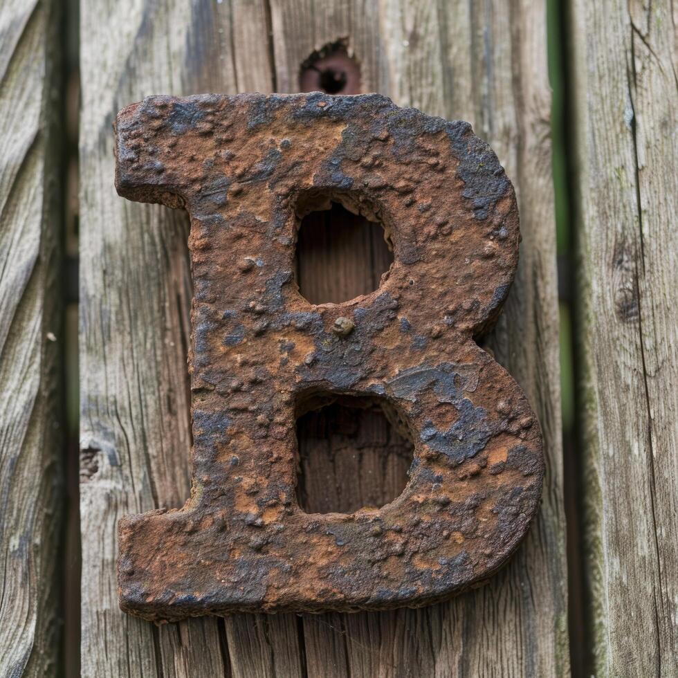 Rusty metal letter B on weathered wooden background photo
