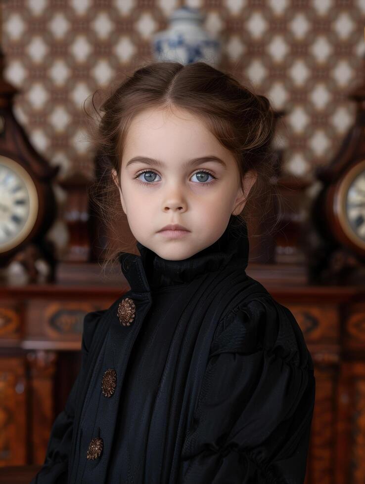 young girl in black dress and scarf photo