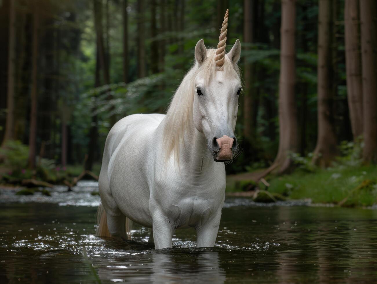 Majestic white unicorn standing in forest stream photo