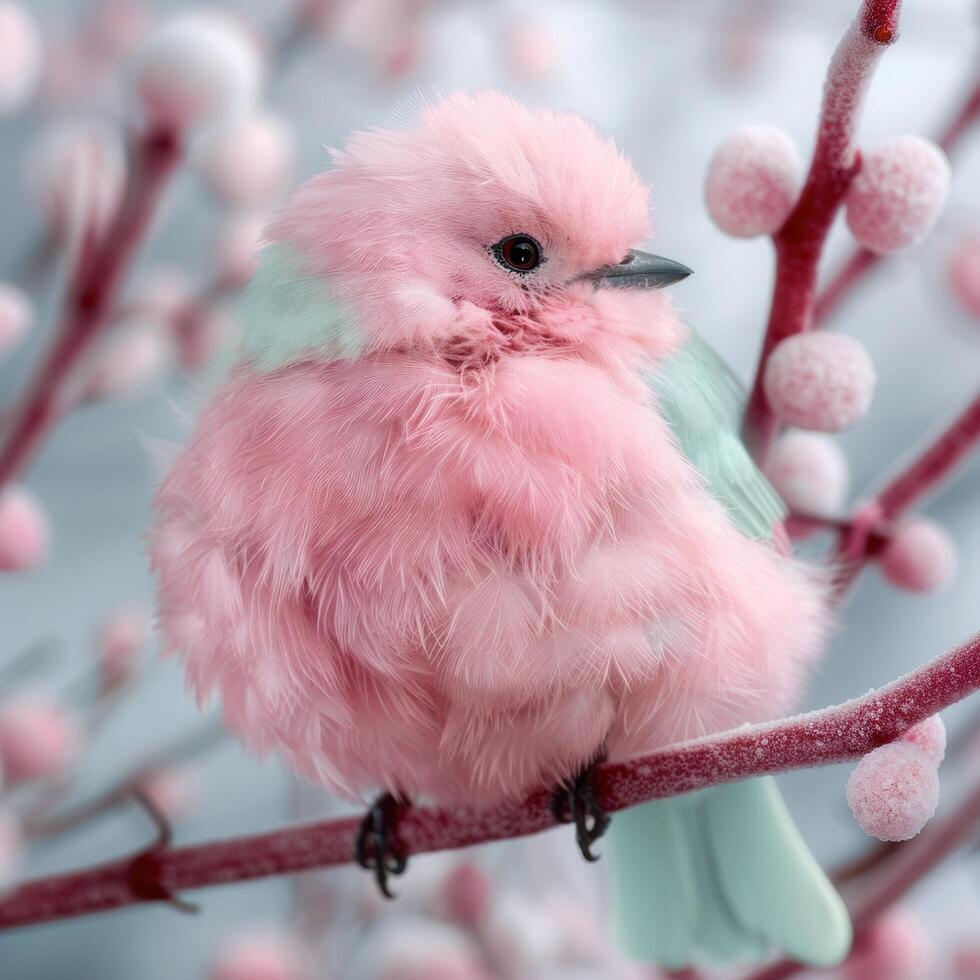 Fluffy pink bird perched on snowy branch photo