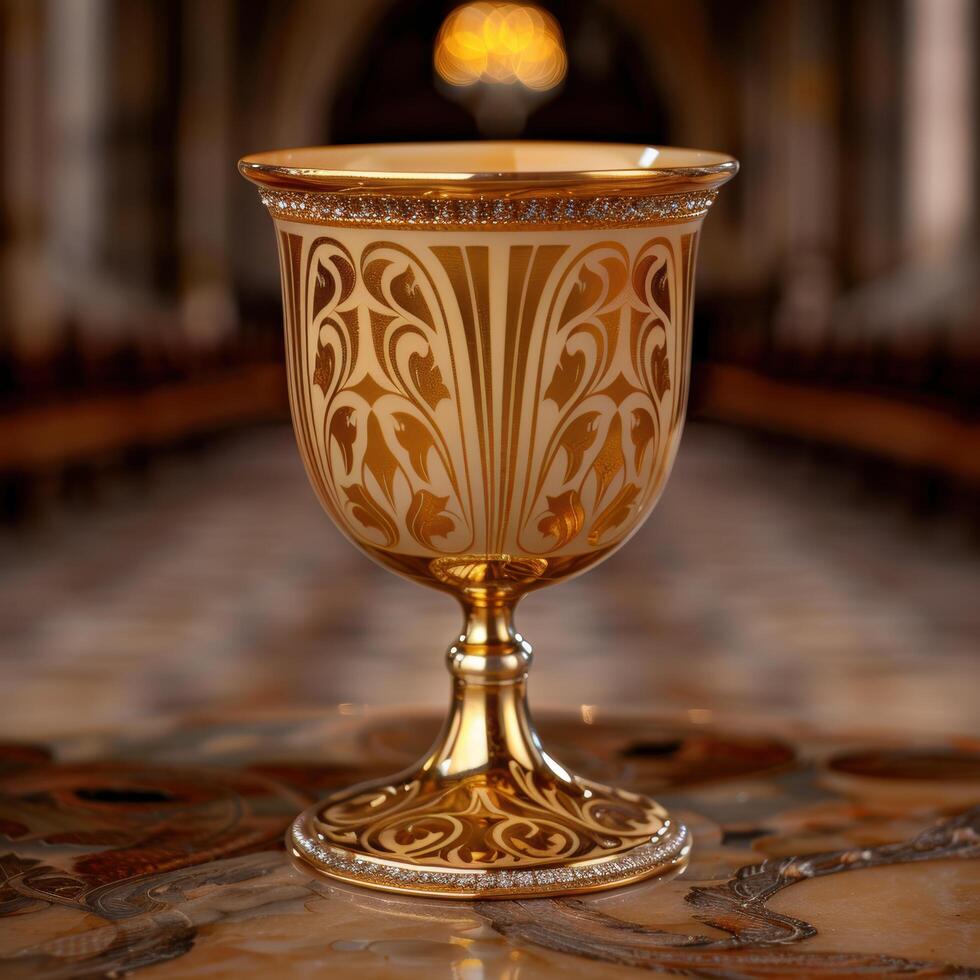 Ornate golden chalice with intricate patterns photo
