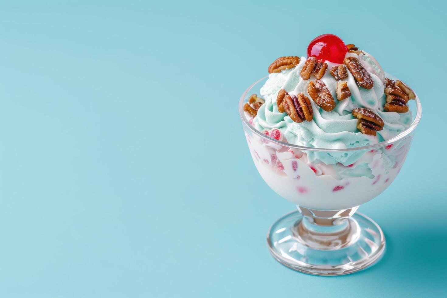 Delicious ice cream sundae with whipped cream and pecans photo