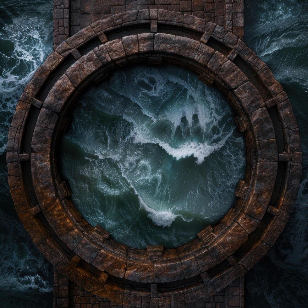 Dramatic stone archway overlooking crashing ocean waves photo