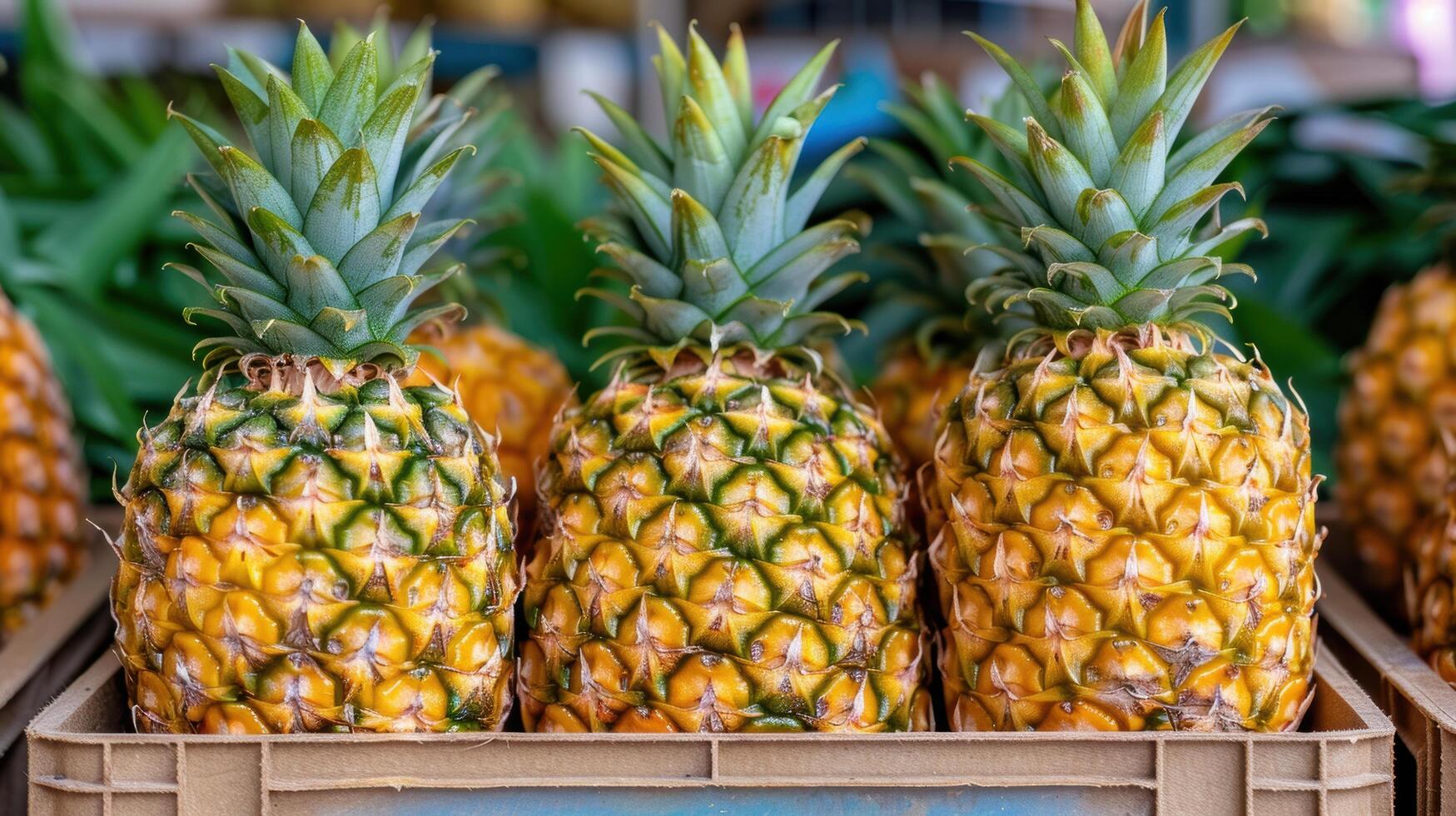 Fresh pineapples in a wooden crate photo