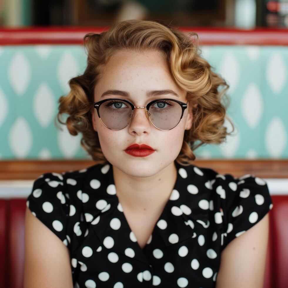 Retro woman with curled hair and glasses photo