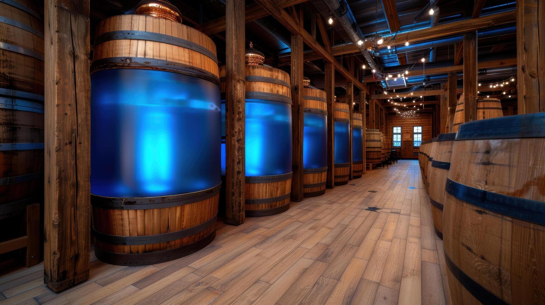 Wooden barrels in a dimly lit cellar photo
