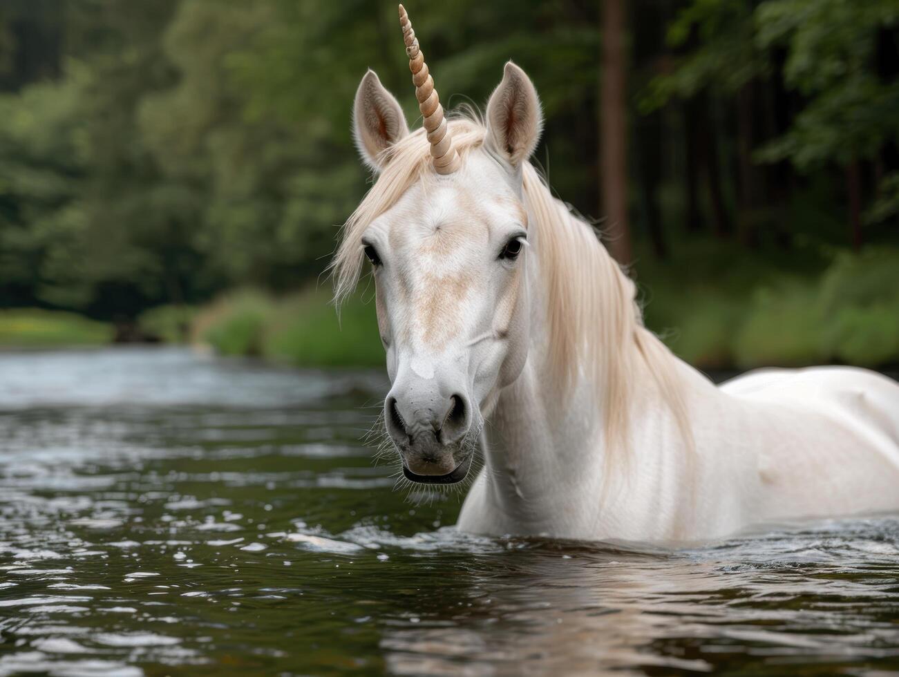 Majestic white unicorn in a serene forest pond photo